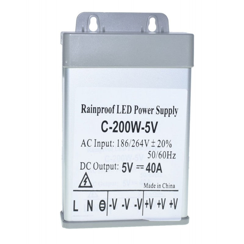 Sursa alimentare 200W 5V exterior, vedere frontala cu eticheta tehnica si borne de iesire