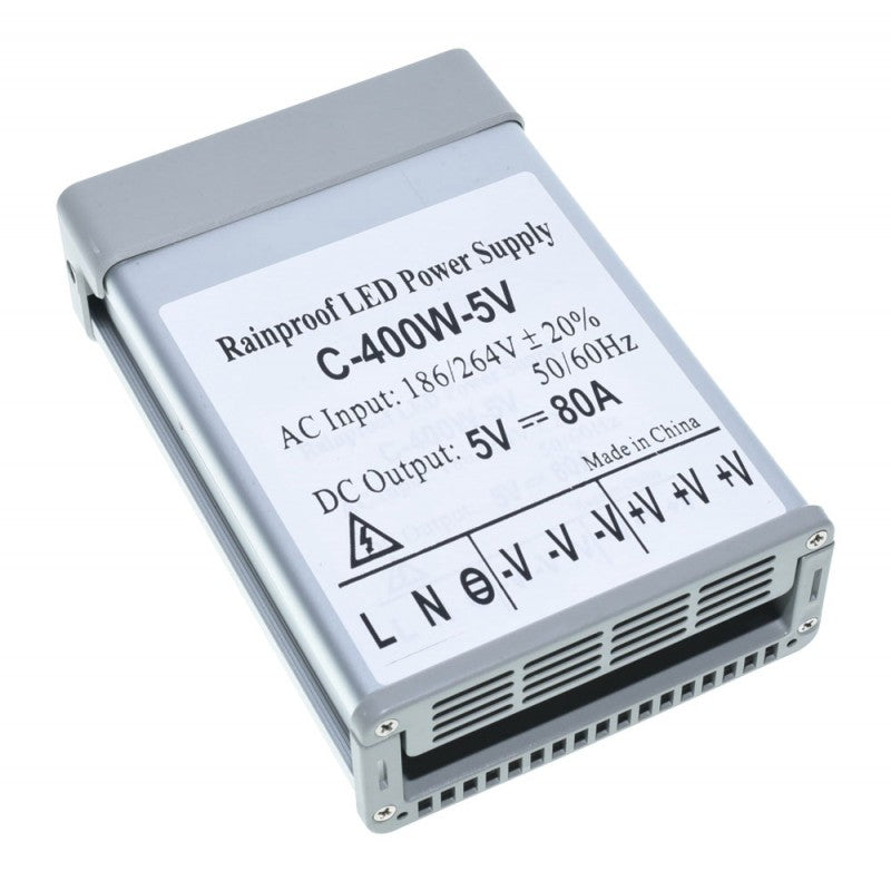Sursa alimentare LED rainproof 400W 5V vedere laterala, grile ventilatie pasiva aluminiu