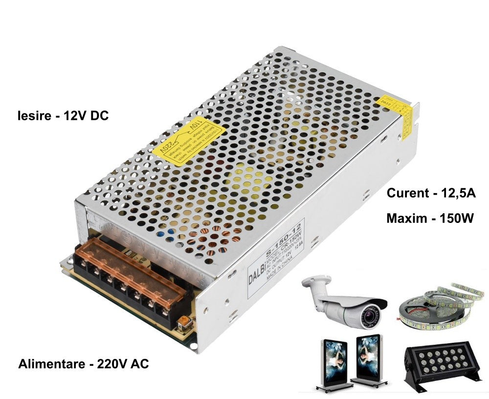 Sursa alimentare 12V DC 150W 12.5A, compatibila benzi LED, camere supraveghere si proiectoare