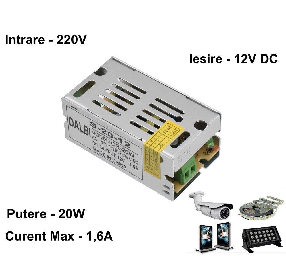 Sursa alimentare 12V DC 20W, intrare 220V, compatibila benzi LED, camere supraveghere, spoturi