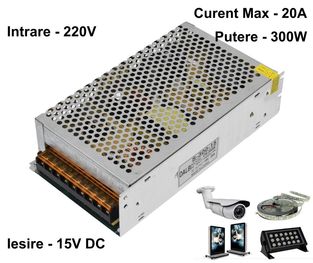 Sursa alimentare 300W 15V DC 20A intrare 220V, compatibila benzi LED si camere supraveghere