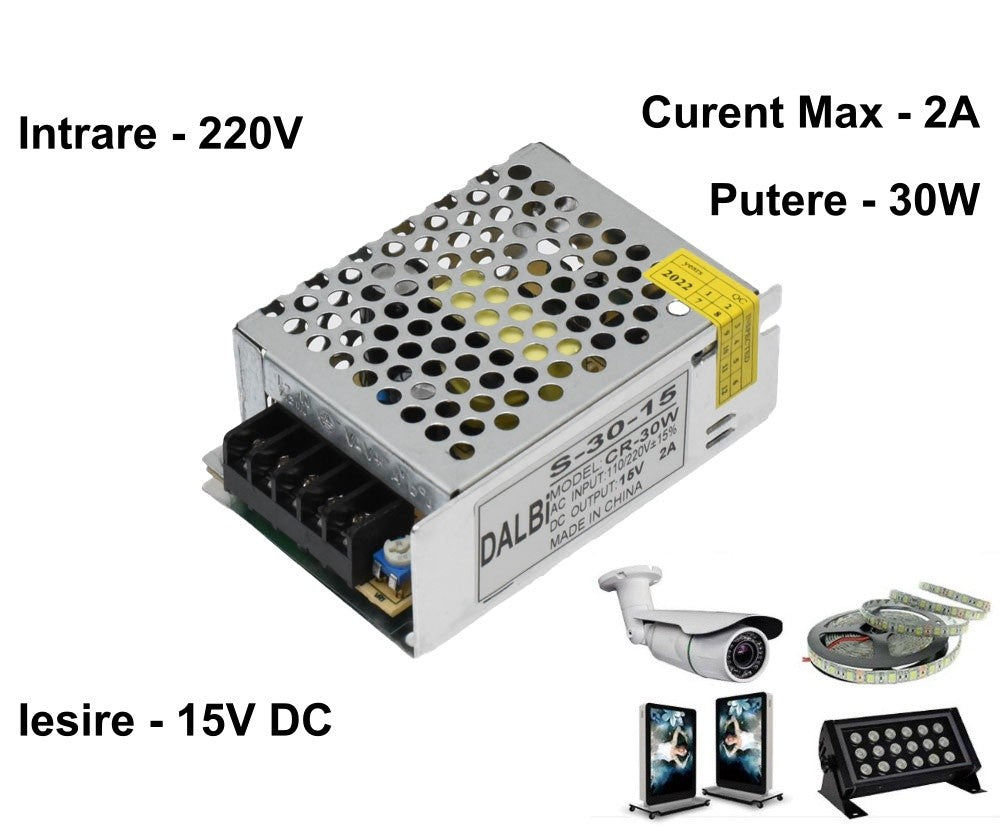 Sursa de alimentare 30W 15V DC cu borne de conectare vizibile, intrare 220V, curent max 2A