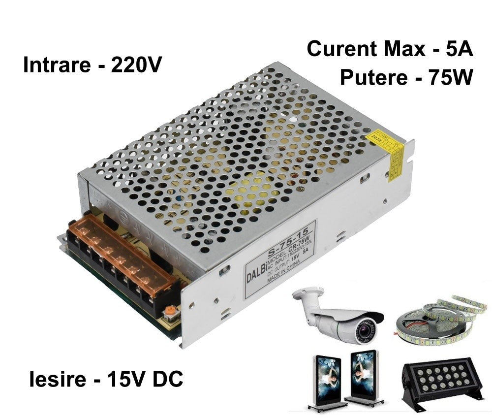 Sursa alimentare 75W 15V DC, intrare 220V, compatibila cu benzi LED, camere supraveghere si proiectoare
