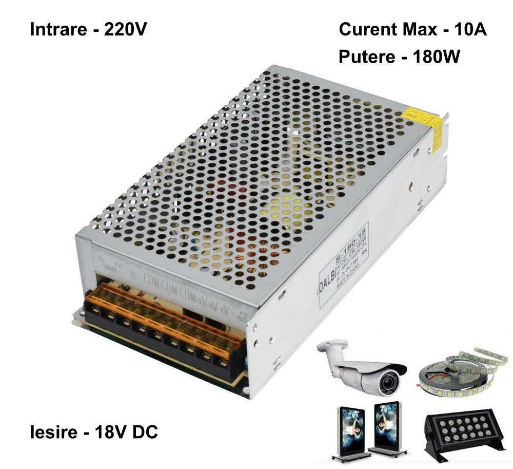 Sursa alimentare 180W 18V DC 10A, compatibila benzi LED, camere supraveghere si proiectoare