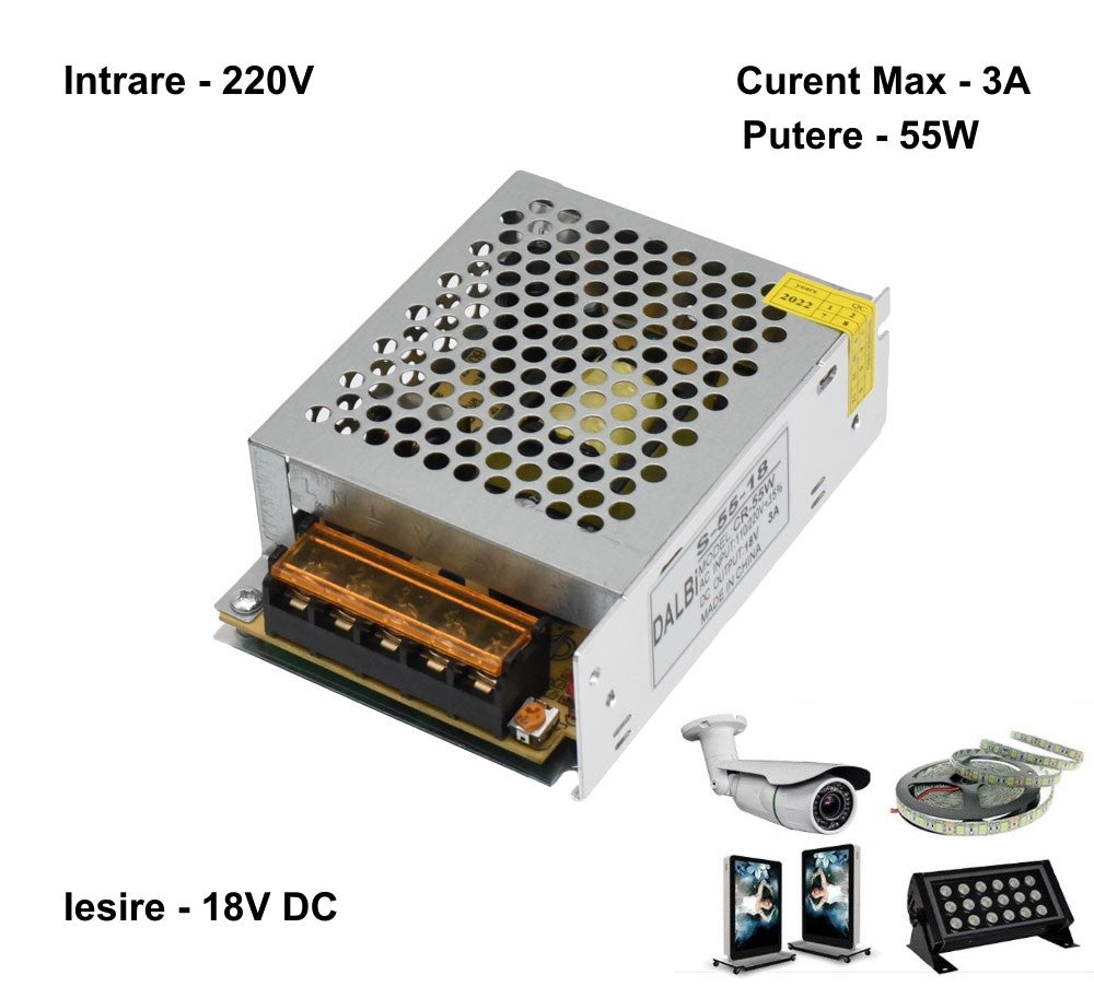 Sursa alimentare 55W intrare 220V iesire 18V DC 3A, compatibila benzi LED, camere supraveghere, spoturi