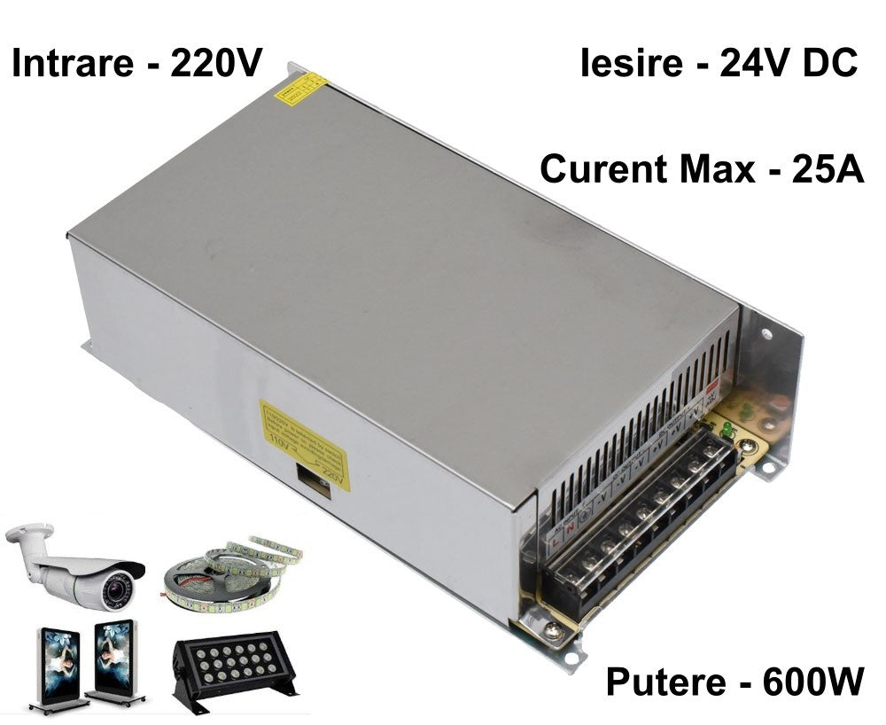Sursa alimentare 24V 600W 25A, intrare 220V, compatibila benzi LED si camere supraveghere