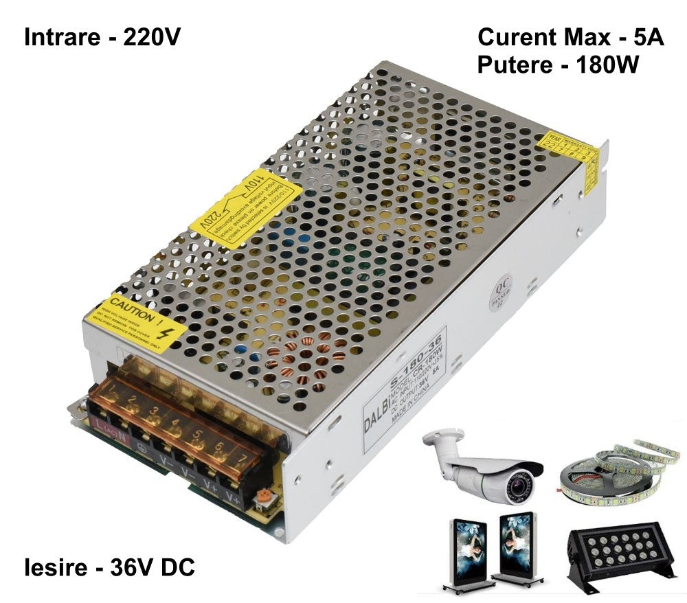 Sursa de alimentare 180W 36V DC, 5A, cu aplicatii pentru benzi LED si camere supraveghere