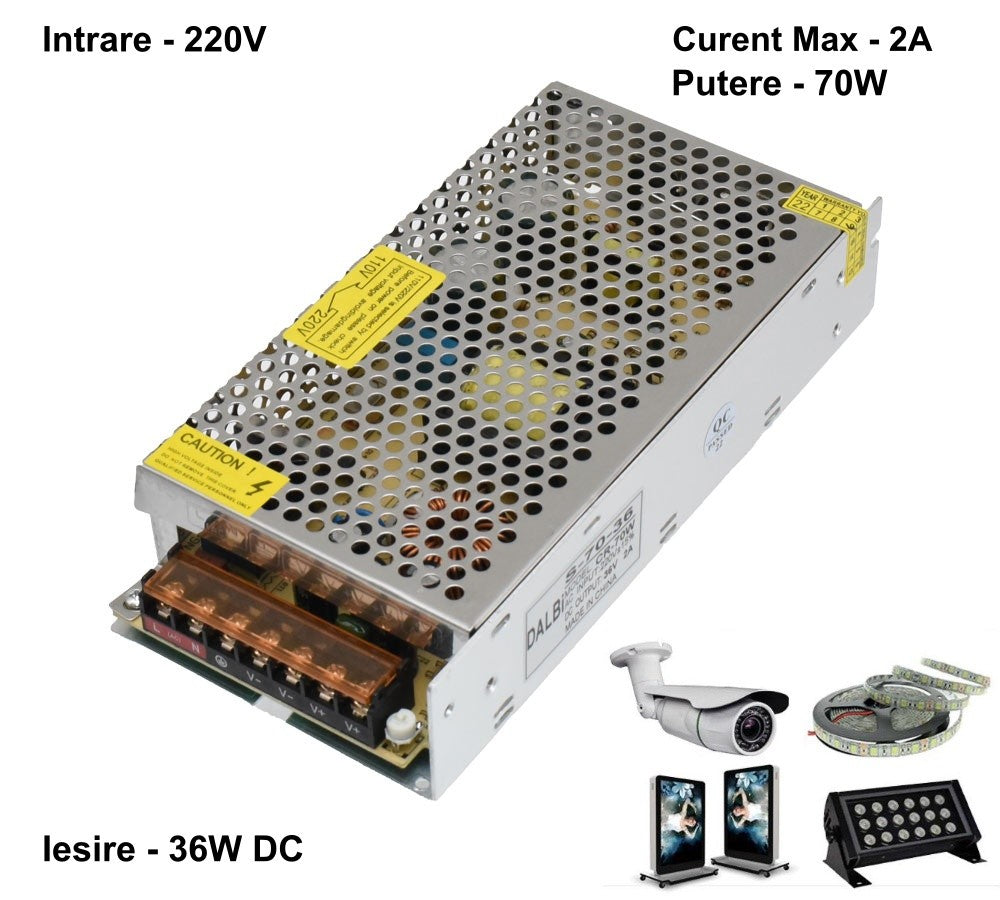 sursa alimentare 70W 36V 2A, intrare 220V, compatibila benzi LED, camere supraveghere si proiectoare