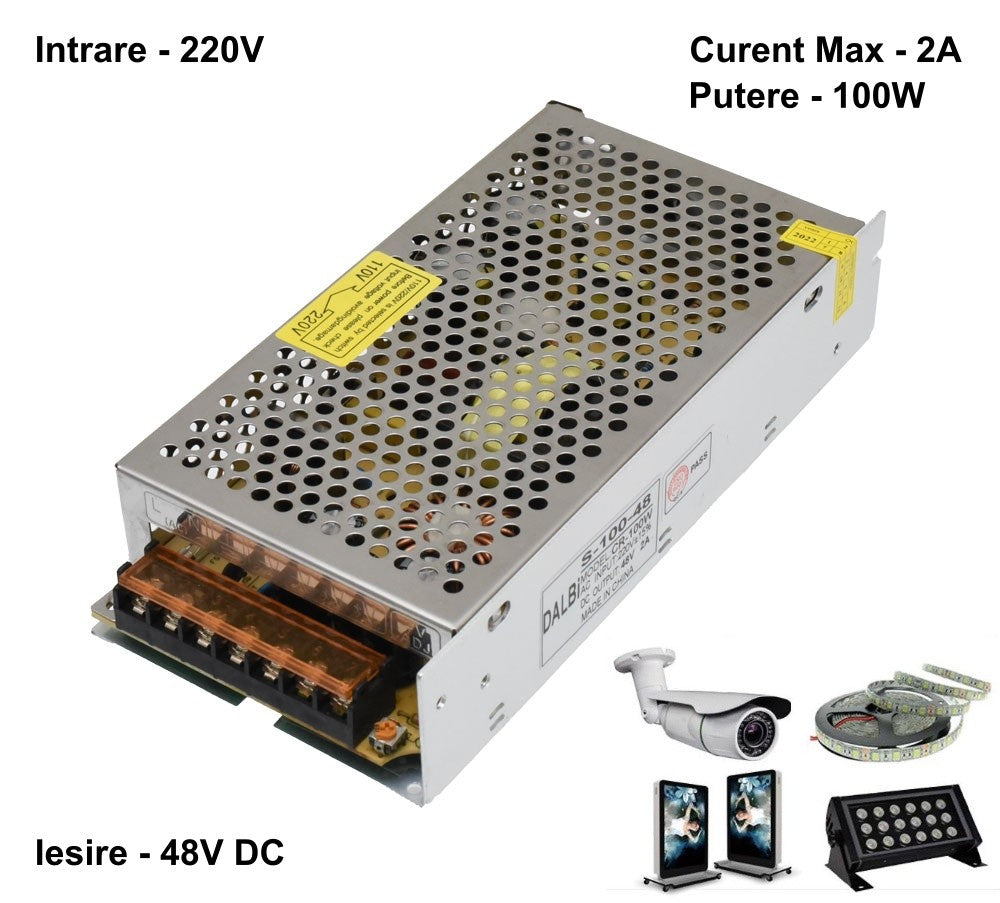Sursa alimentare 48V 2A 100W cu terminale de iesire, compatibila benzi LED, camere si proiectoare