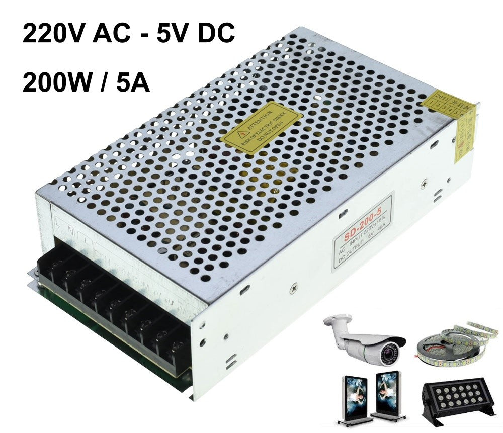 Sursa alimentare 200W 5V DC 40A cu aplicatii: benzi LED, camere supraveghere, panouri publicitare