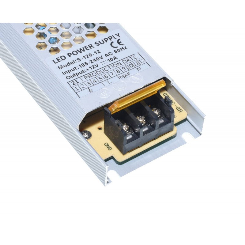 Sursa alimentare slim detaliu borne conectare intrare 220V iesire 12V 10A