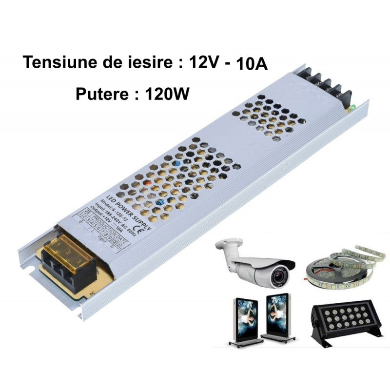 Sursa alimentare 120W 12V 10A compatibila cu benzi LED, camere supraveghere si proiectoare