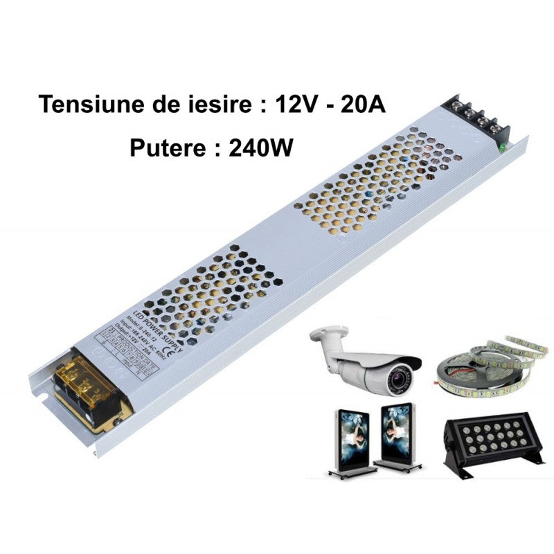 Sursa alimentare LED 240W 12V 20A, compatibila cu benzi LED, camere supraveghere si panouri publicitare