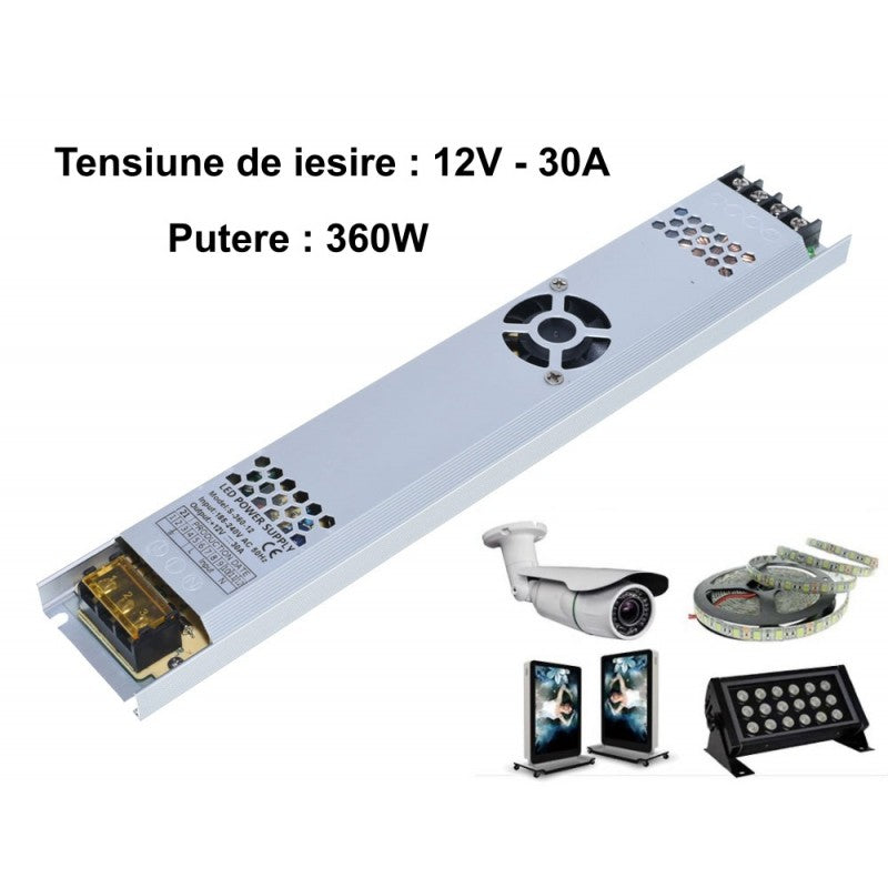 Sursa alimentare slim 12V 360W, compatibila cu benzi LED, camere supraveghere si proiectoare