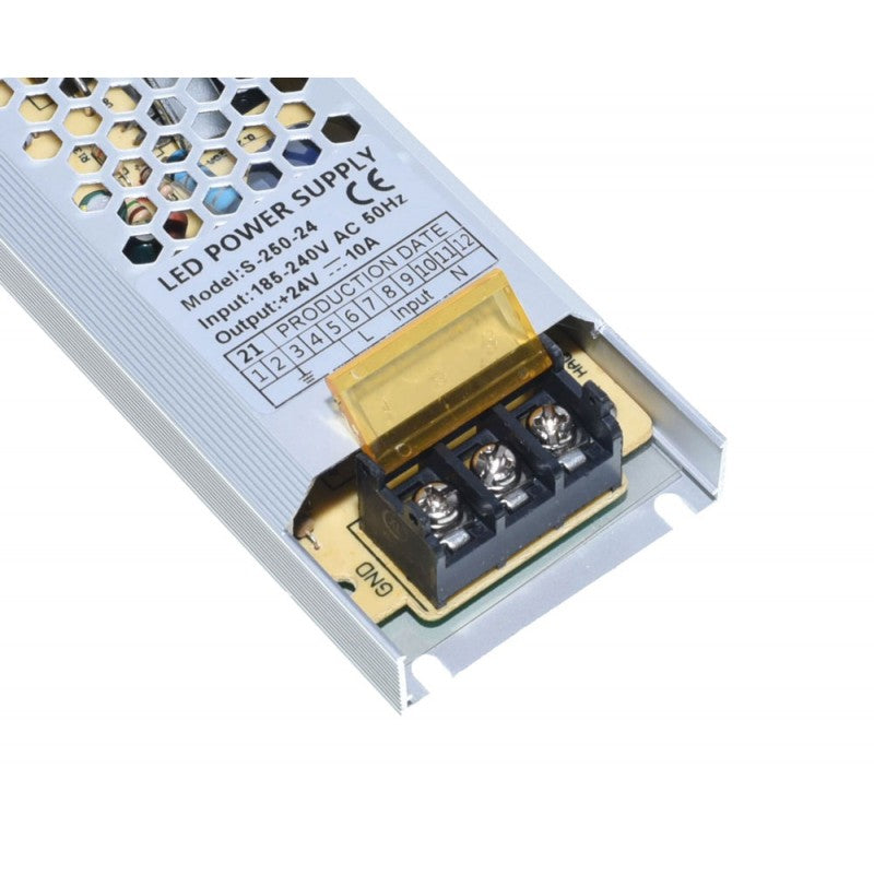 Sursa alimentare 24V 10A - detaliu borne conexiune intrare AC si iesire DC cu protectie