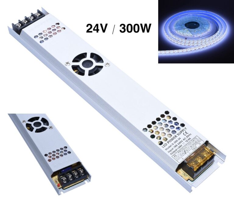 Sursa alimentare slim 24V 300W pentru benzi LED, carcasa aluminiu cu ventilator, profil ultra-subtire