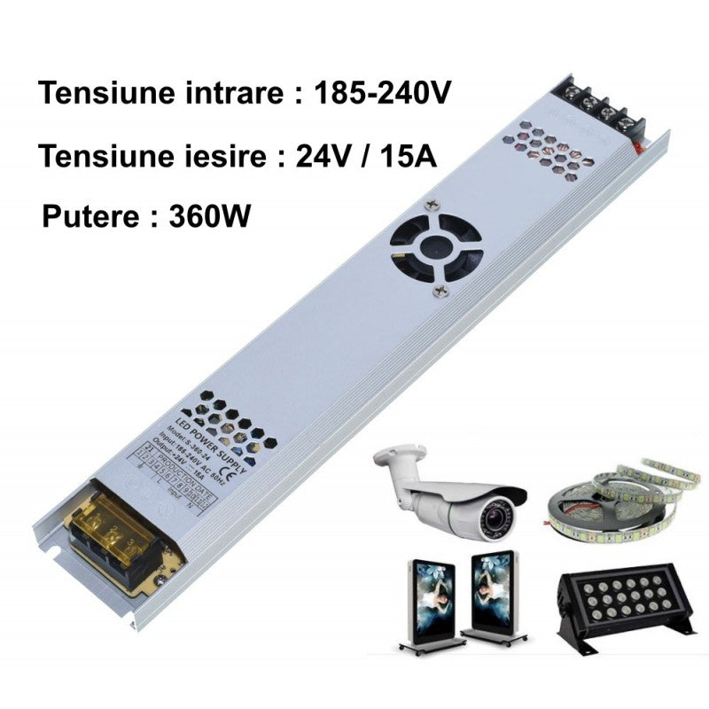 Sursa alimentare 360W 24V compatibila benzi LED, camere supraveghere si proiectoare 24V