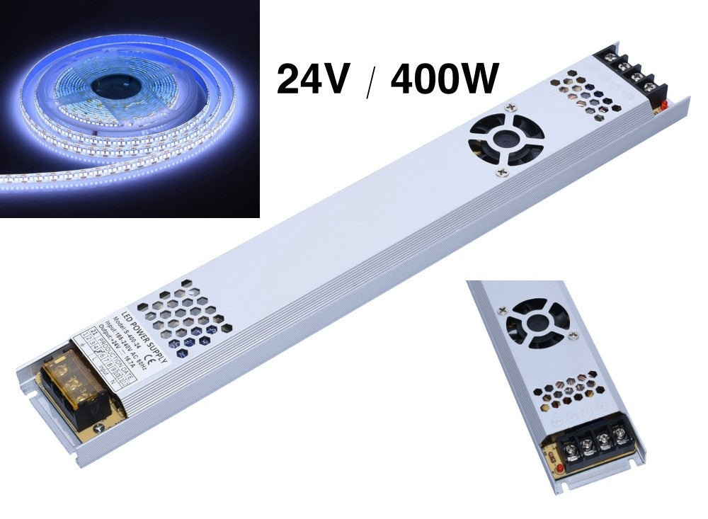 Sursa alimentare LED 400W 24V slim, prezentare multipla cu banda LED si detalii constructive