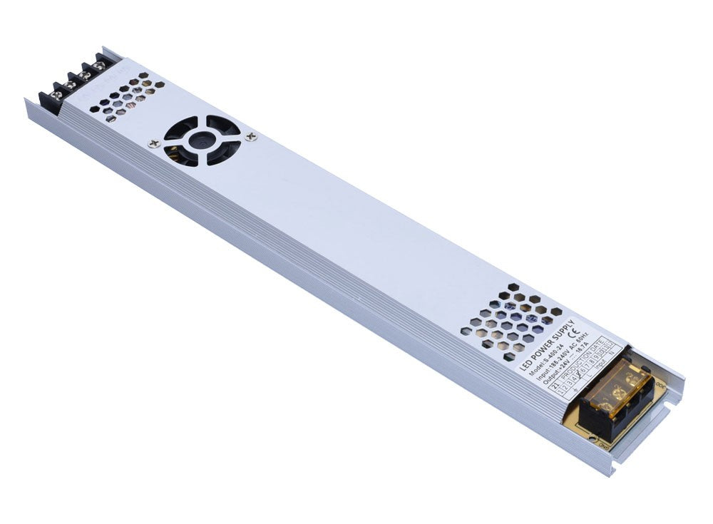 Sursa alimentare slim 24V 16.7A pentru benzi LED, profil subtire din aluminiu vedere diagonala
