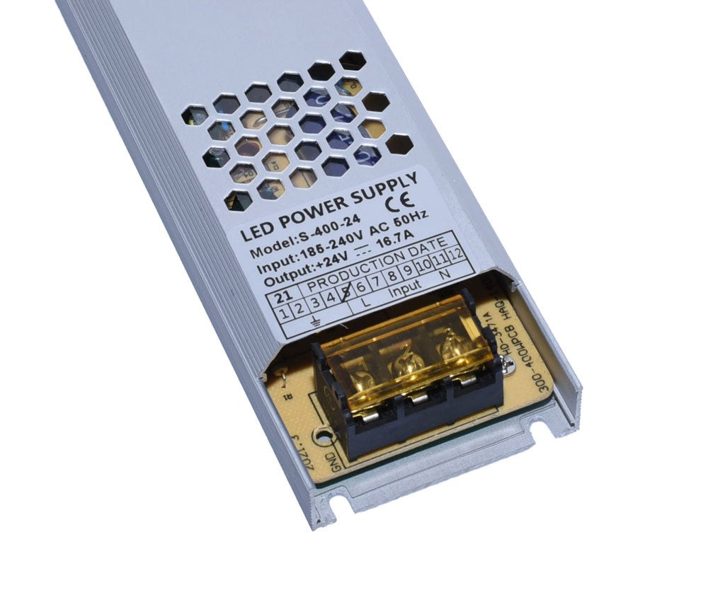 Sursa alimentare LED 24V 400W, prim-plan terminal intrare cu borne L-N si placa cu specificatii