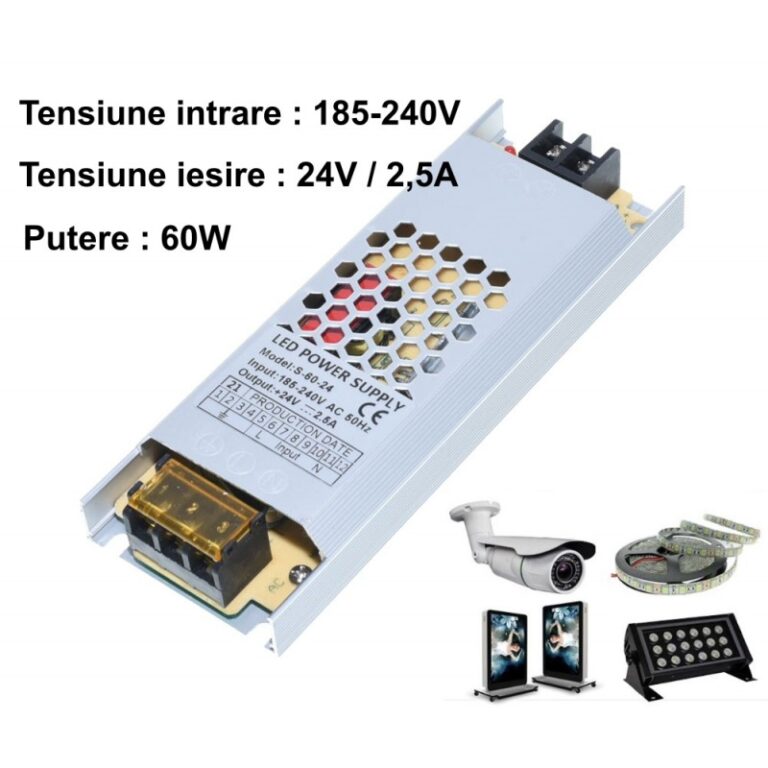 Sursa alimentare slim 24V 60W compatibila cu benzi LED, camere supraveghere si panouri luminoase