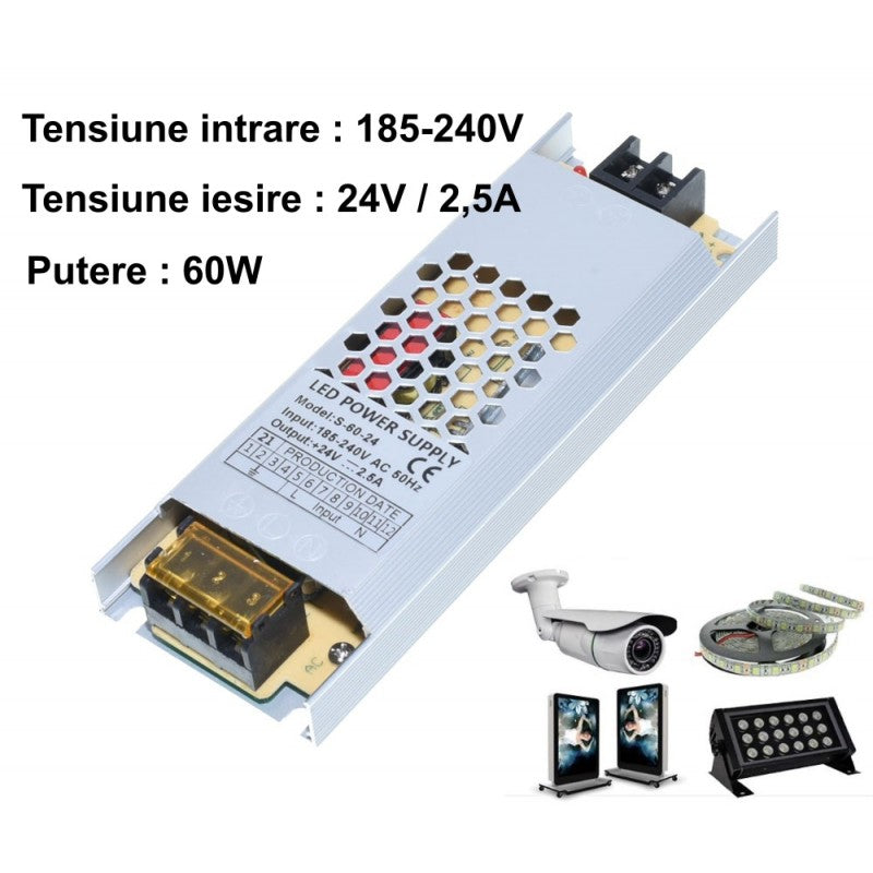 Sursa alimentare LED 60W 24V, compatibila banda LED, camera supraveghere, panou publicitar