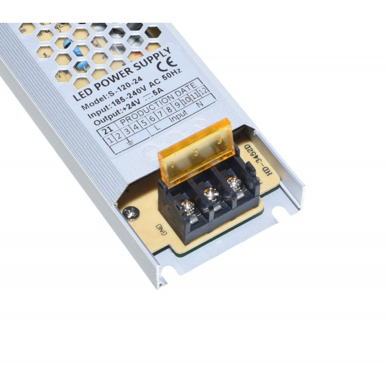 Sursa alimentare slim 24V, detaliu borne conectare intrare 185-240V si iesire 5A