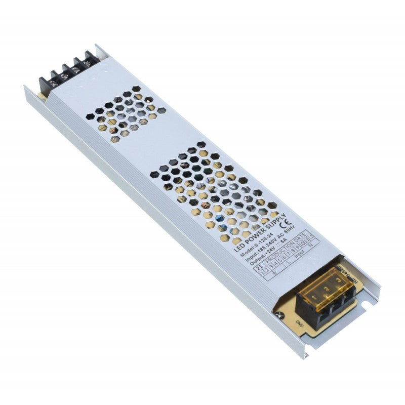 Sursa alimentare slim 120W 24V, vedere laterala carcasa aluminiu subtire cu fante ventilatie