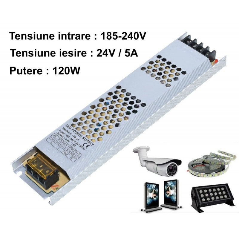 Sursa alimentare 120W 24V compatibila cu benzi LED, camere supraveghere si corpuri iluminat