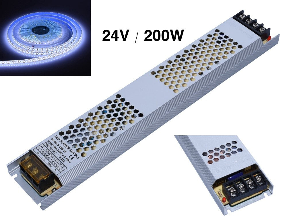 Sursa alimentare slim 24V 200W prezentata cu banda LED compatibila si detaliu conexiuni laterale