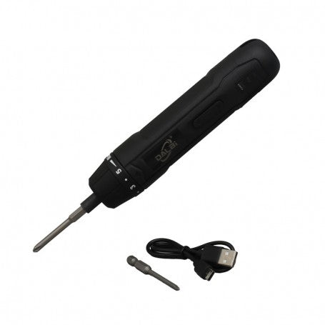 Surubelnita electrica cu acumulator, vedere laterala cu accesorii: 2 biti si cablu USB incluse
