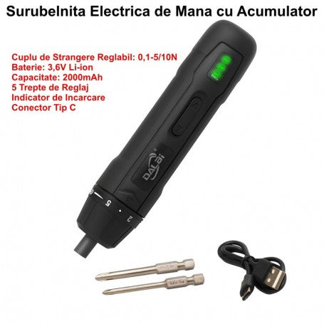 Surubelnita electrica cu acumulator 3,6V Li-ion, cuplu reglabil 5 trepte 0,1-5Nm, baterie 2000mAh, conector Tip C