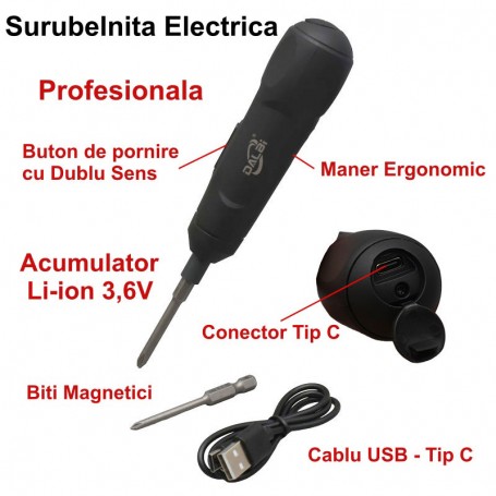 Surubelnita electrica mini cu acumulator Li-ion 3.6V, maner ergonomic, biti magnetici si cablu USB Type-C inclus