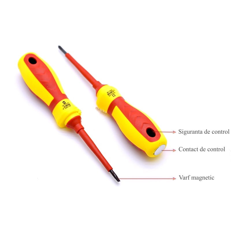 Surubelnita izolata detaliu varf magnetic, contact de control si siguranta in maner