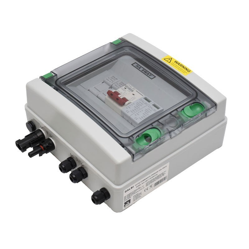 Tablou fotovoltaic IP65 vedere laterala, cu conectori MC4 intrare si iesire DC cablate
