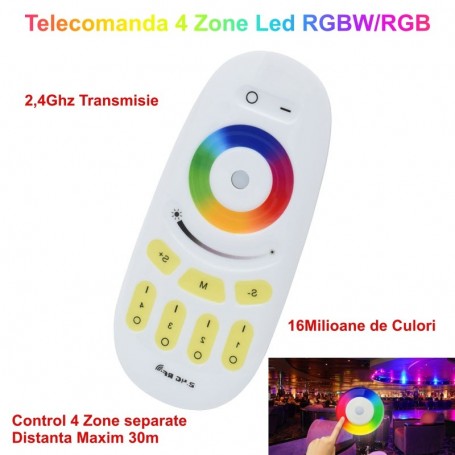 Telecomanda RF 2.4GHz control 4 zone RGBW/RGB, raza 30m, 16 milioane culori, roata tactila culoare