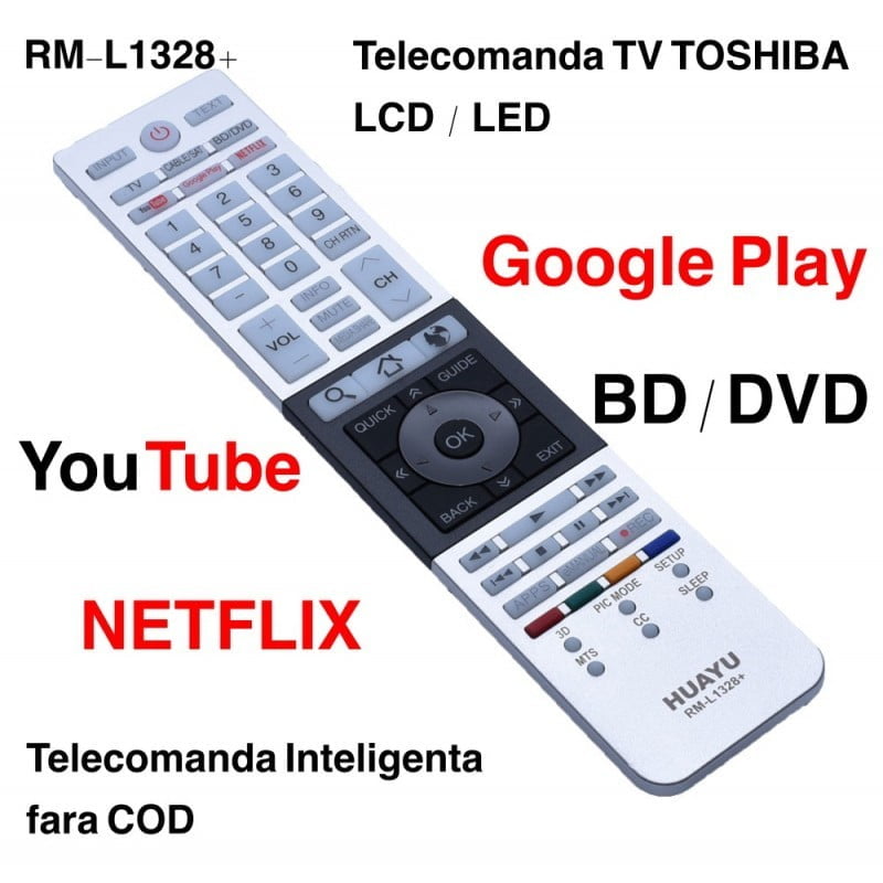 telecomanda universala TV cu butoane dedicate Netflix, YouTube, Google Play, BD/DVD, fara cod