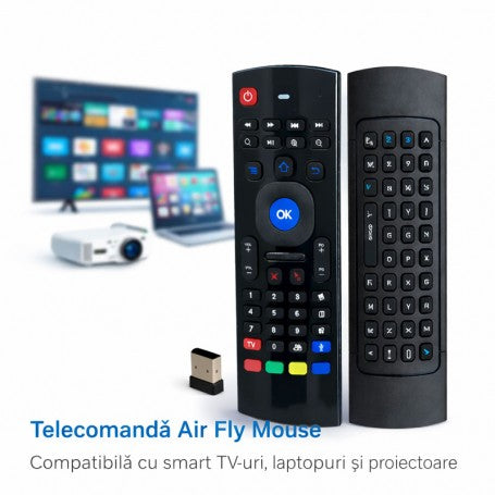 Telecomanda wireless Air Fly Mouse 2.4GHz cu tastatura QWERTY si microfon, compatibila Smart TV si proiector