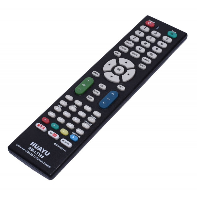 Telecomanda universala pentru TV LED/LCD, vedere frontala cu butoane colorate si navigare directionala