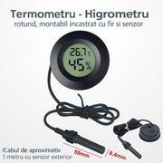 Termometru-higrometru digital rotund incastrabil cu sonda externa 1m, afisaj LCD, interval -50°C~70°C, 10-99% RH