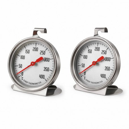 Doua termometre analoge pentru cuptor 0-400°C din inox, vedere frontala pe fond alb