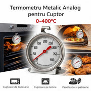 Termometru analog pentru cuptor 0-400°C, carcasa metalica inox, cadran cu ac rosu, montaj pe gratar sau agatatoare