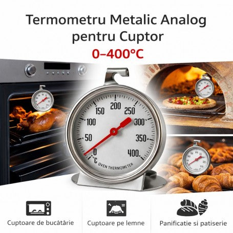 Termometru analog pentru cuptor 0-400°C, carcasa metalica inox, cadran cu ac rosu, montaj pe gratar sau agatatoare