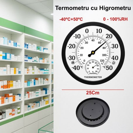 Termometru cu higrometru analog de perete, diametru 25cm, gama -40+50°C si umiditate 0-100% RH