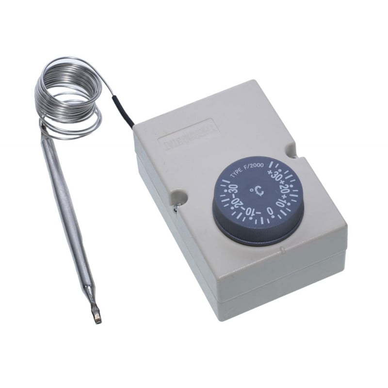 Termostat capilar cu sonda inox si tub flexibil, vedere din unghi lateral cu buton de reglaj temperatura
