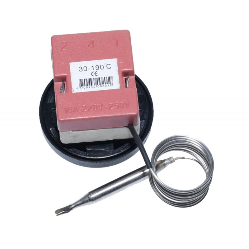 Termostat capilar 16A 250V, vedere spate cu eticheta 30-190°C si conexiuni faston