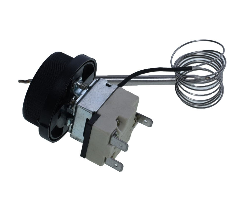 Termostat capilar reglabil cu capilar inox extins, vedere laterala cu bloc de conectare