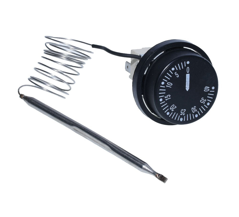 Termostat reglabil cu buton gradat 0-40°C si sonda capilar, detaliu disc frontal negru