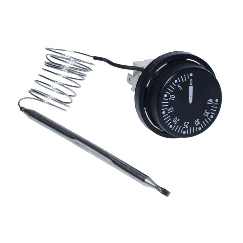 Termostat reglabil capilar inox 0-40°C, 16A/250V, trifazat, cu cadran negru si sonda metalica