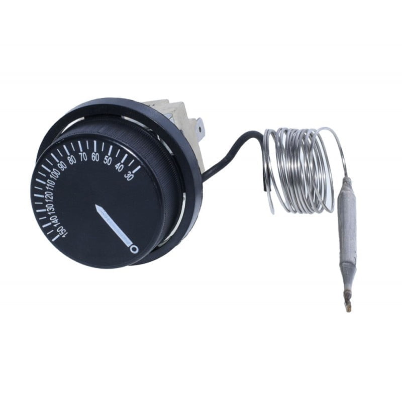Termostat reglabil 30-150°C cu capilar inox si 3 papuci contact, scala gradata vizibila, pentru cuptoare industriale